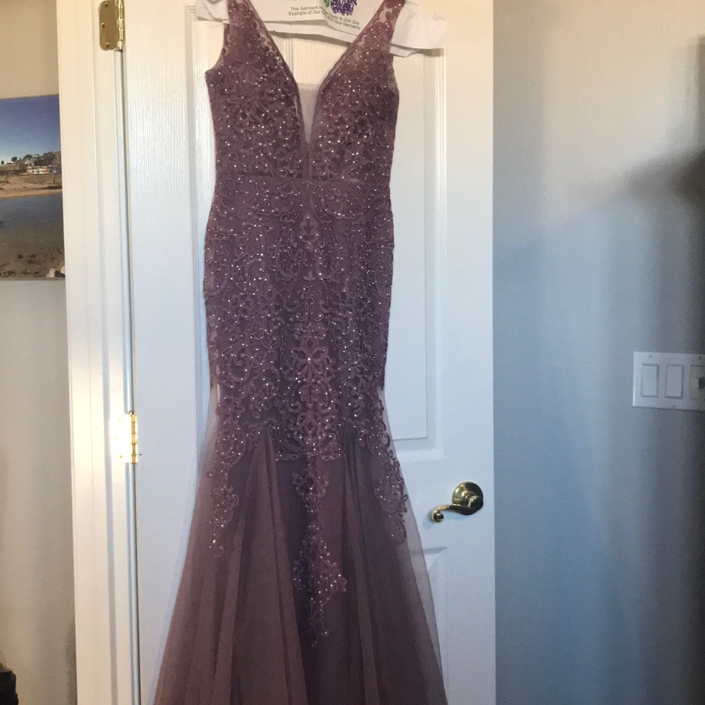 Long-Embroidered Mesh Prom Dress with V-Neckline